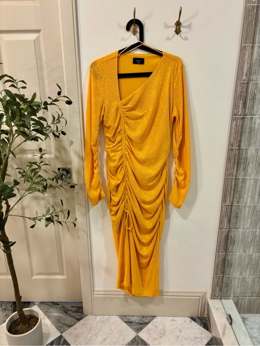 VICI Golden Yellow Ruched V-Neck Long Sleeve Dress